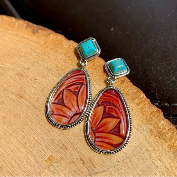 Bohemian Vintage Style Water Drop CZ Turquoise Trendy Floral Earrings - Picture 2 of 4